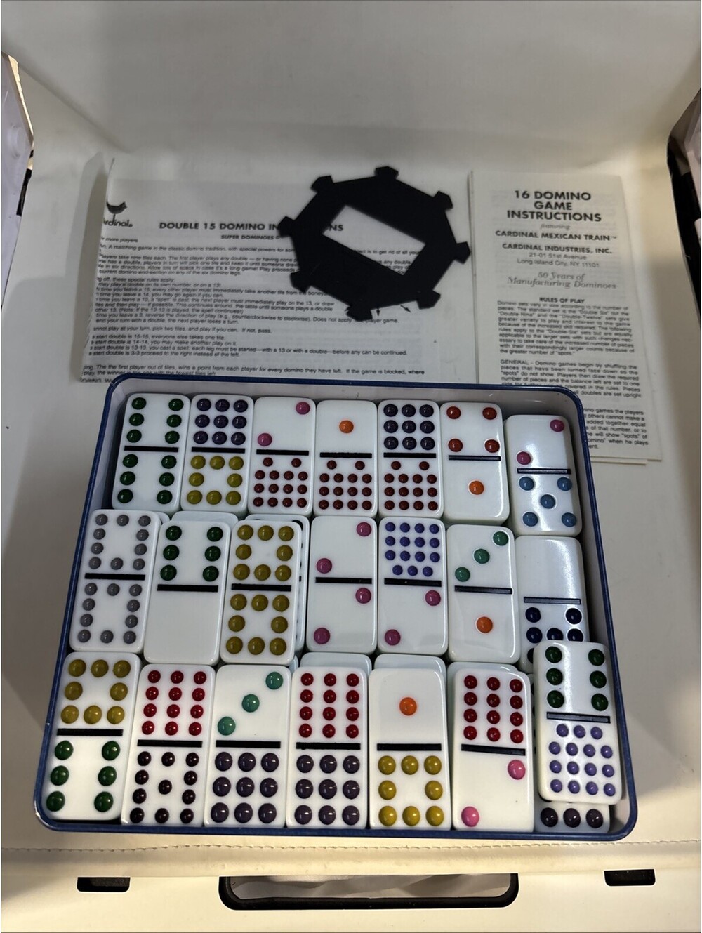 Vntg Cardinal Double 15 Dominoes, Complete 136 Dominoes Tin Case Color Dot, 1998